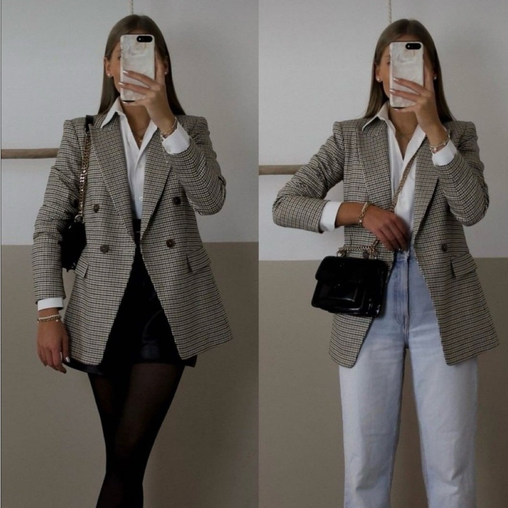 Checked Double-Breasted Blazer Jacket - Neutral Check